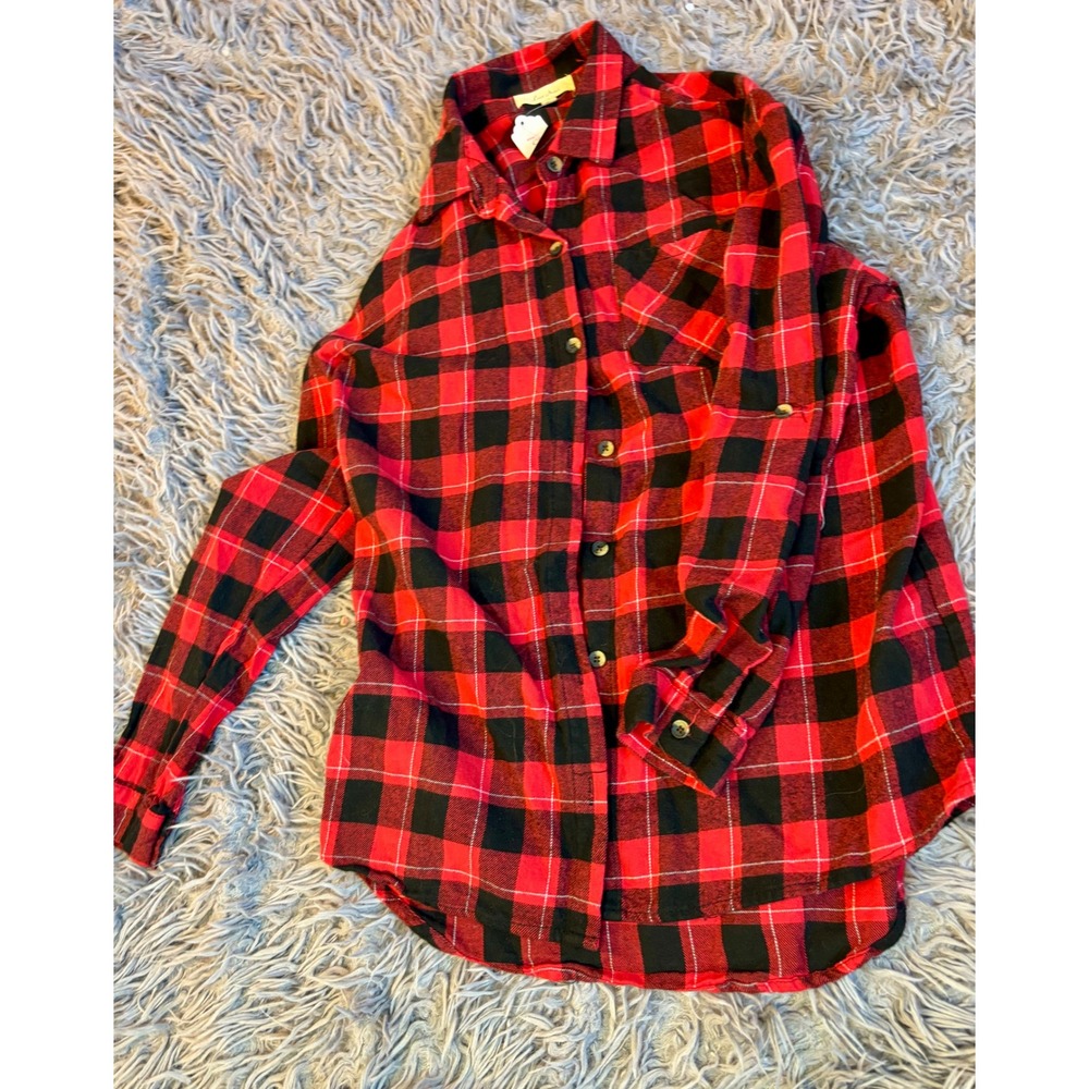 Love Notes Red Black Buffalo Plaid Flannel Shirt‎ Cotton Button Down Small